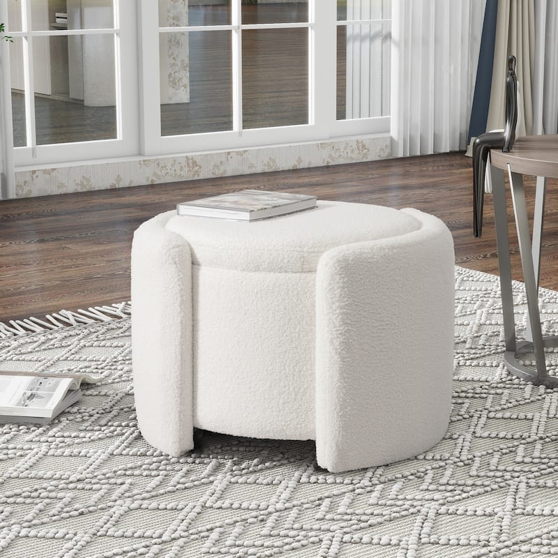Round Ottoman teddy fleece cushioned footpads living room and bedroom footstool with storage space