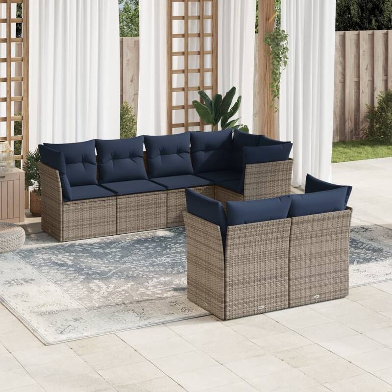 vidaXL 7 Piece Patio Sofa Set with Cushions Brown/Gray Poly Rattan - 21.7 x 24.4 x 27.2 - Beige and gray