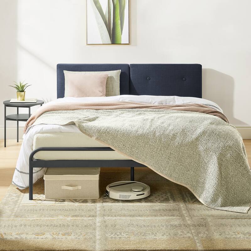 Maggie Navy Metal Platform Bed with Upholstered Cushioned Headboard By Crown Comfort