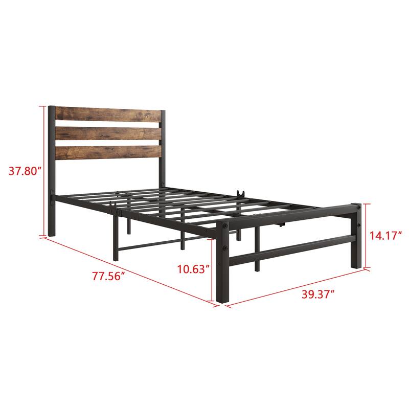 Twin Size Heavy Duty Metal Platform Bed Frame with Storage Underneath and Headboard, Metal Slats Support - Brown