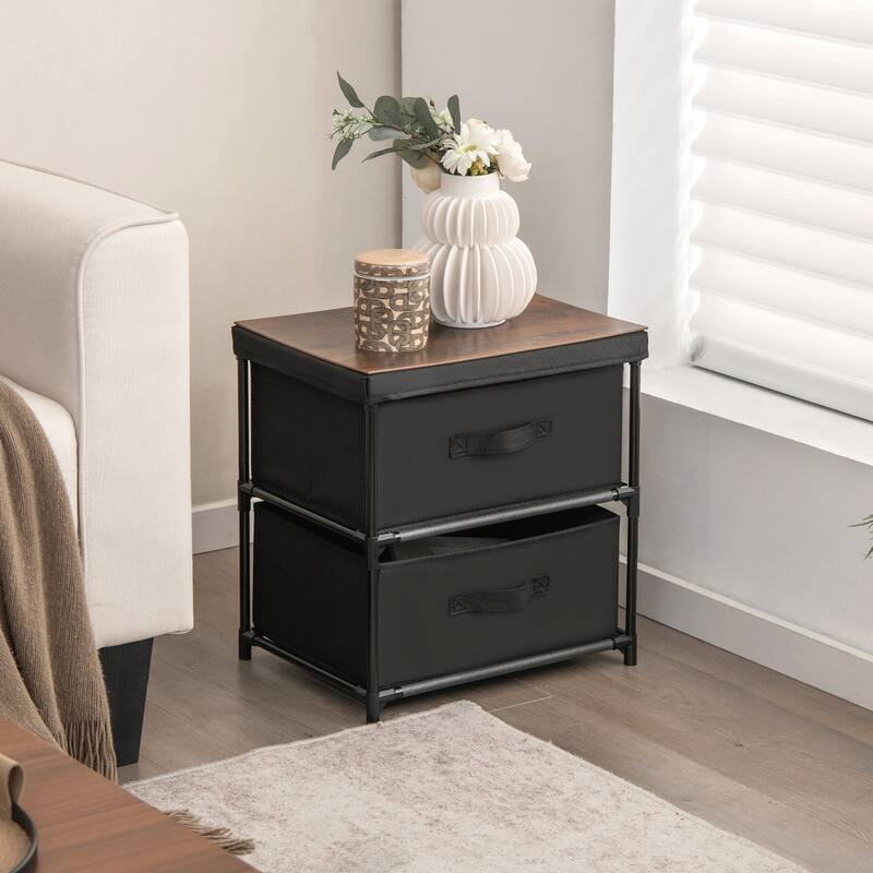Gymax 2PCS Fabric Bedside Table 2 Drawers Nightstand Small Dresser