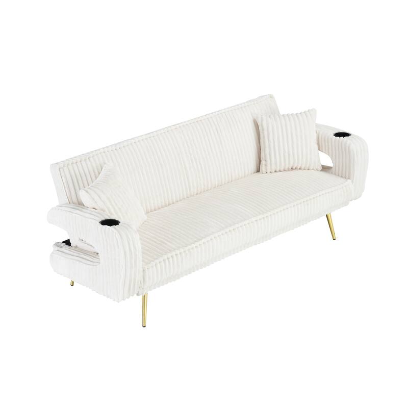 Loveseat Sofa, Adjustable Backrest Corduroy Love Seat Bed w2 Cup holder & 2 Pillows Living Room 2-seat Hollow Armchair