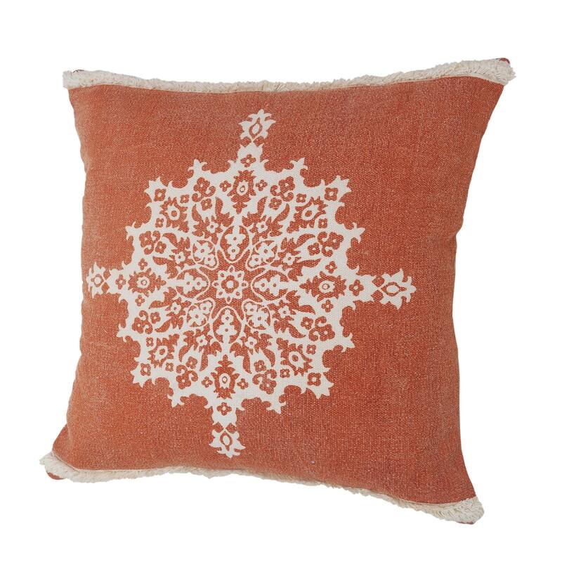 Handwoven Floral Medallion Cotton Throw Pillow Cover - 20" - Orange and White