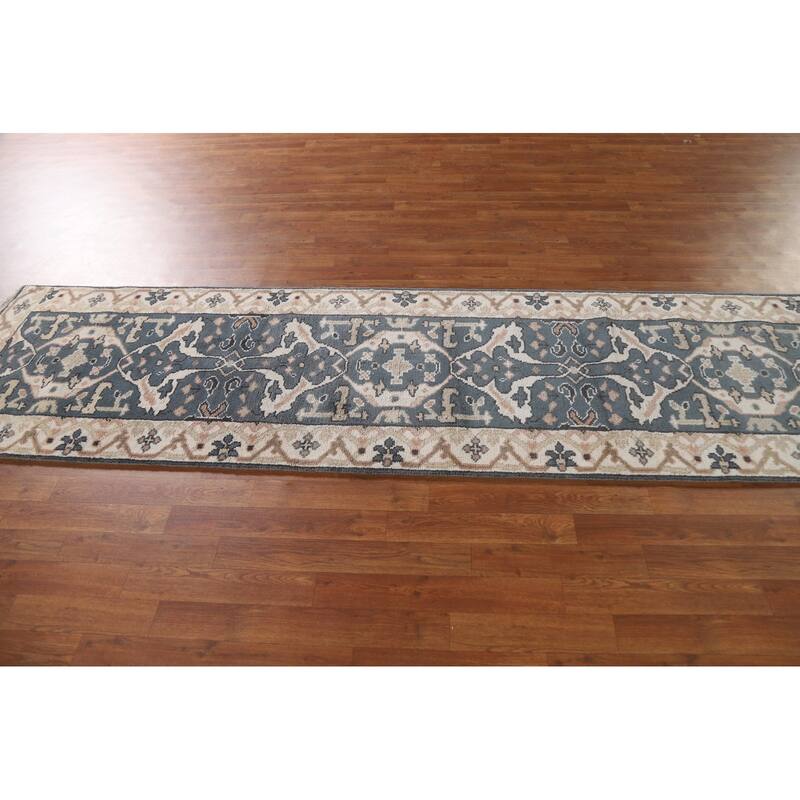 All-Over Blue Oushak Indian Runner Rug Hand-knotted Wool Carpet - 2'7"x 9'10"