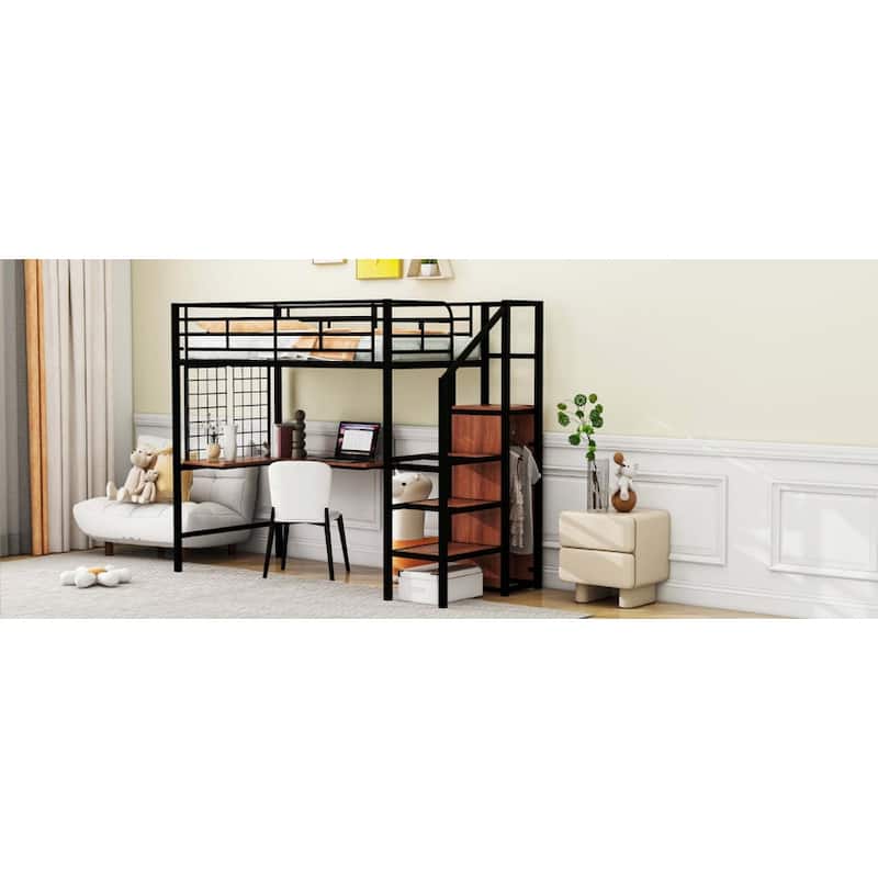 Metal Loft Bed with Desk ,Storage Ladder & Wardrobe