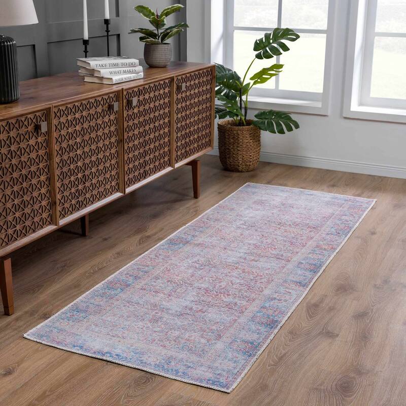 Hauteloom Georgia Machine Washable Persian Oriental Traditional Area Rug - 2'7" x 10' - Light Blue, Cream, Off White, Pink, Dark Pink
