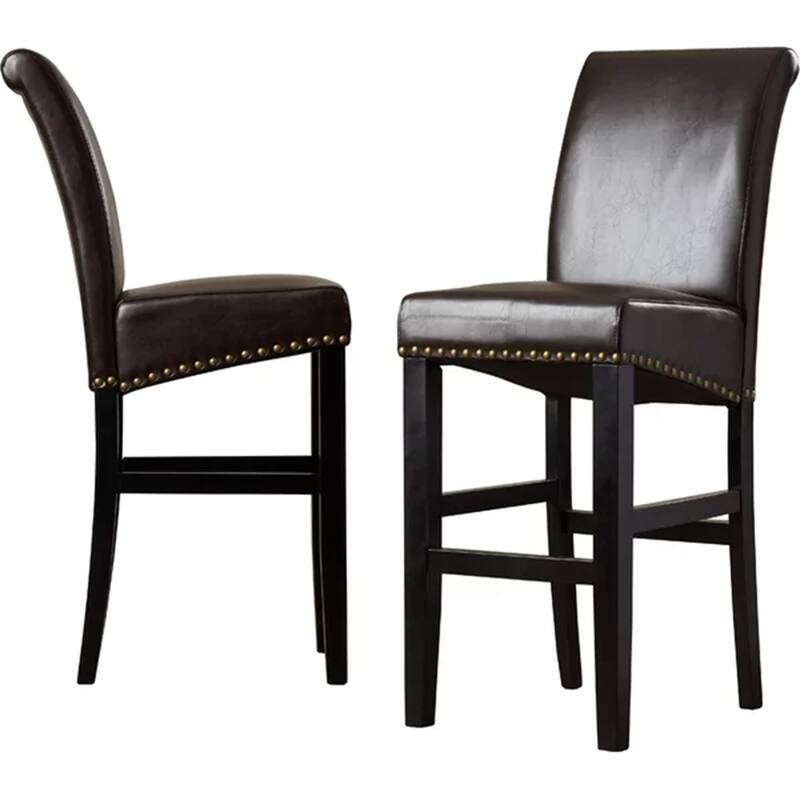 PU Leather Counter Chairs Set of 2 Barstools with Curved High Back, Nailhead Trim, Solid Wood Frame and Thick Upholstered Seat