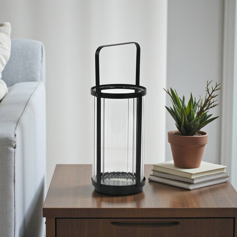 Vortial Fluted Glass Candle Lantern with Black Metal Frame - Large