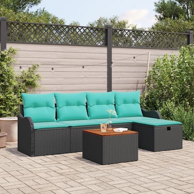 vidaXL 6 Piece Garden Sofa Set with Cushions Black Poly Rattan - 90.9×46.1×27.2