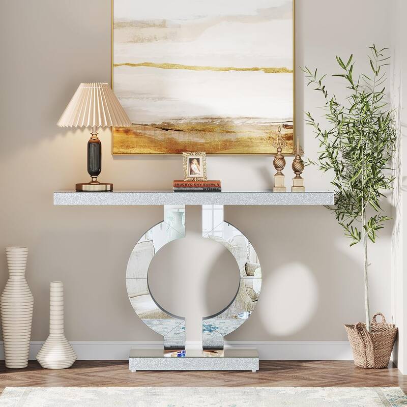 Modern Mirrored Console Table, Glass Sofa/Entryway Table, Rectangular Accent Foyer Table for Living Room, Hallway & Entrance - Silver