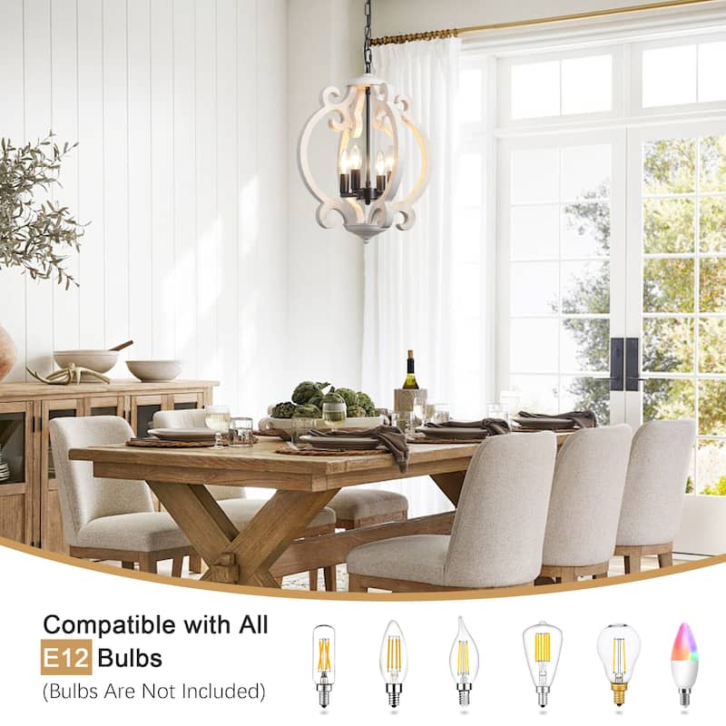 4-Light Antique Wood French Country Chandelier Vintage Pendant for Dining Room