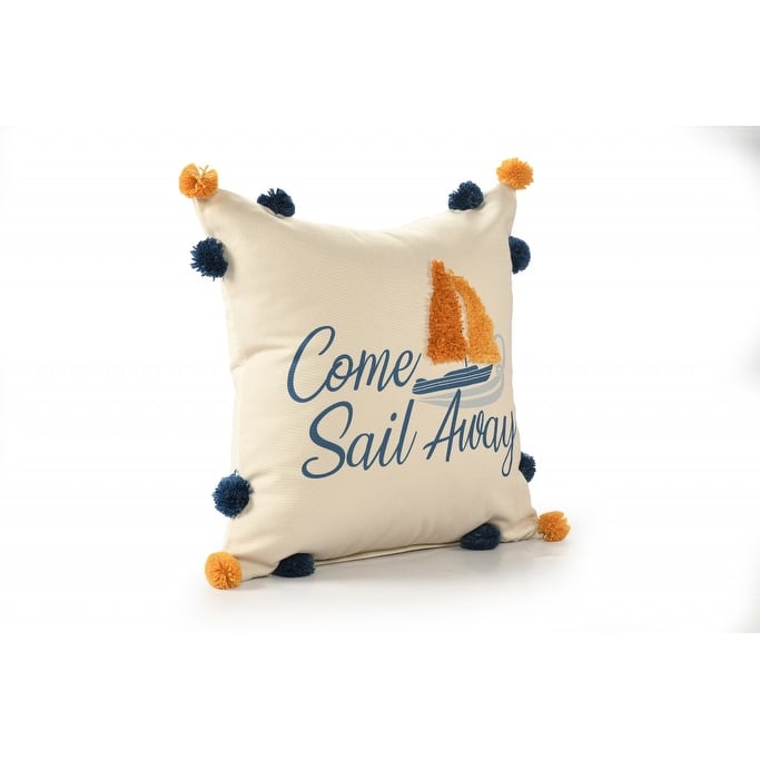 HomeRoots 20" Natural Blue And Orange Come Sail Away Throw Pillow With Pompoms And Texture