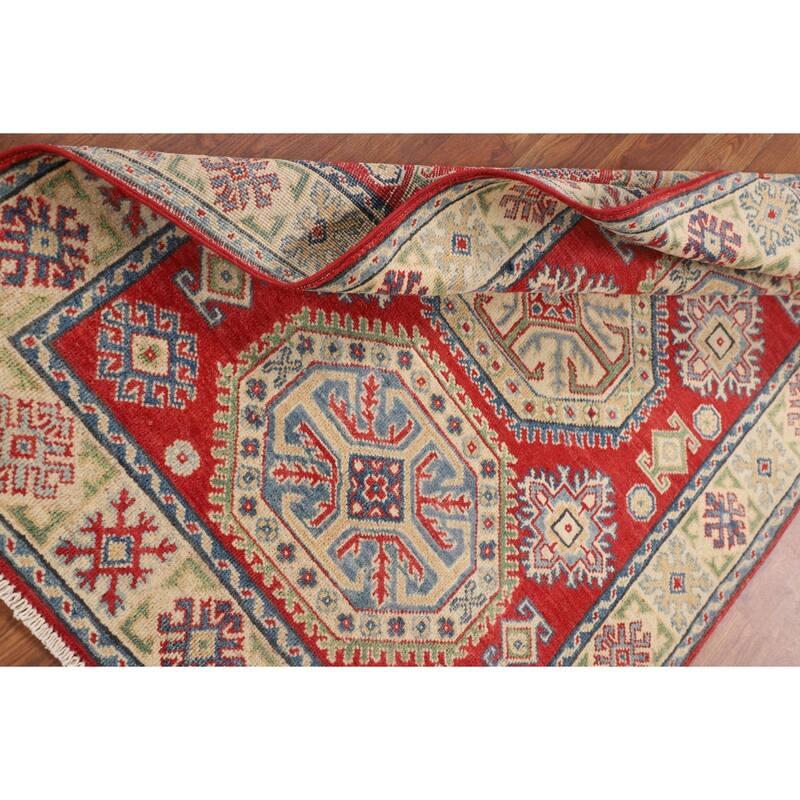 Geometric Kazak Oriental Accent Rug Handmade Red Wool Carpet - 3'5" x 4'11"