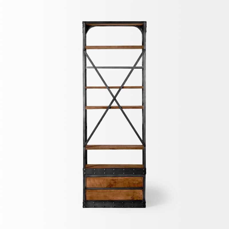 Brodie I Medium Brown Solid Wood w/ Bronze Iron Frame & Ladder Shelving Unit - 32.0L x 22.0W x 94.0H