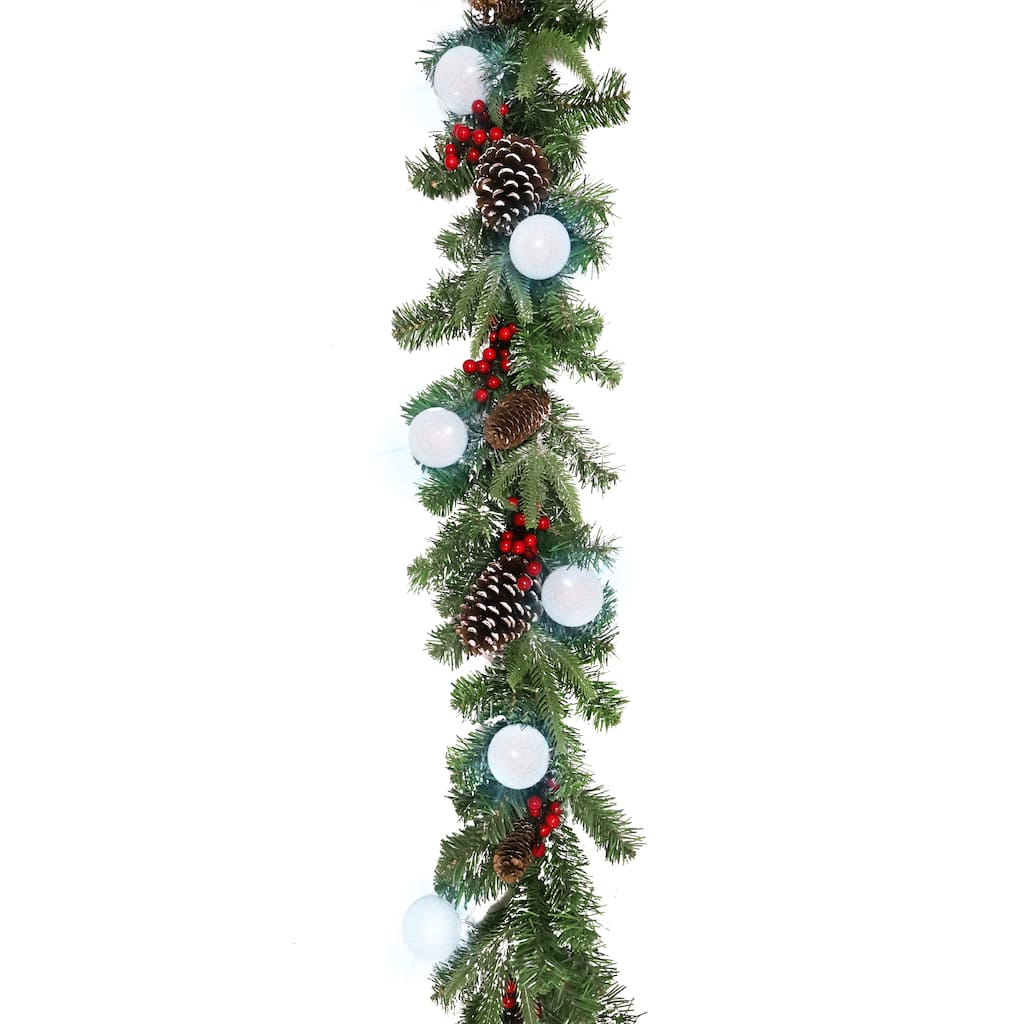 6ft Artificial Mixed Frosted Berry Pine Cone & Pine Christmas Garland with Woven Globe String Light Set - 72" L x 9" W x 6" DP