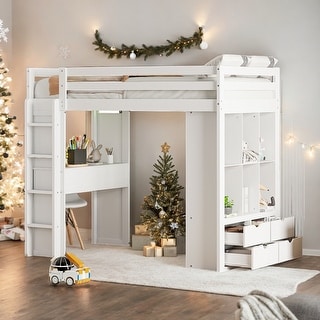 Modern Twin Size Loft Bed With Large Shelves,Writing Desk and LED Light