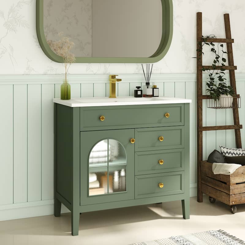 35.6" Mid-Century Bathroom Vanity Sink with Patterned Glass & Motion-sensor Light Strip, Freestanding - Green