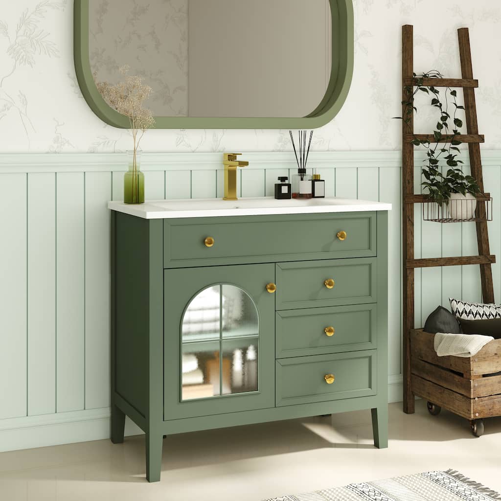 35.6-Inch Mid-Century Bathroom Vanity Sink with Patterned Glass & Motion-Sensor Light Strip, High-End Vanity Cabinet