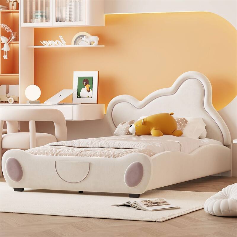Twin Size Velvet Platform Bed with Bear-Shaped Headboard and Pocket