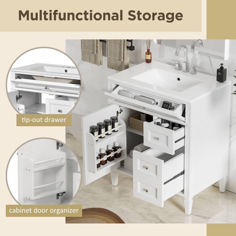 Single Sink Vanity for Bathroom Storage Cabinet with Tip-out Drawer, Small Drawer, Large Drawer, Door Rack and Adjustable Shelf