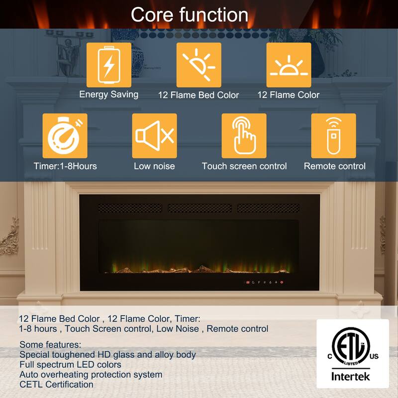 Wall Mounted Electric Fireplace Heater with 12 Flame Colors
