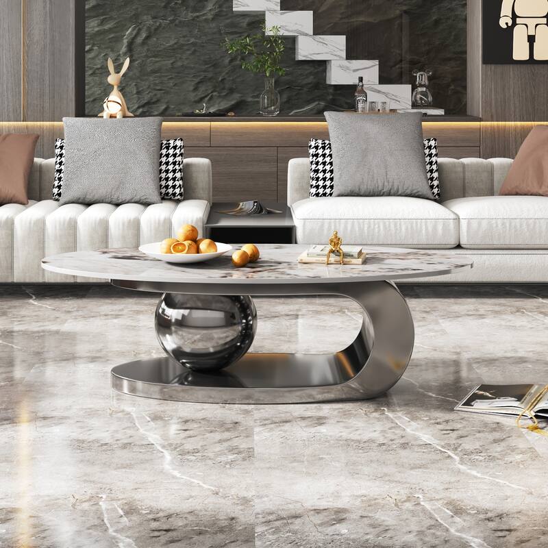 51 Inches Oval Faux Marble Coffee Table for Living Room with Stainless Steel Base