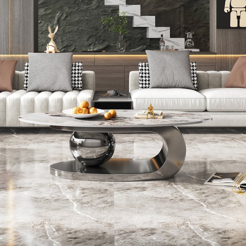Modern Oval Coffee Table End Table with Sintered Stone Top, Accent Table with Veining and Central Ball Support