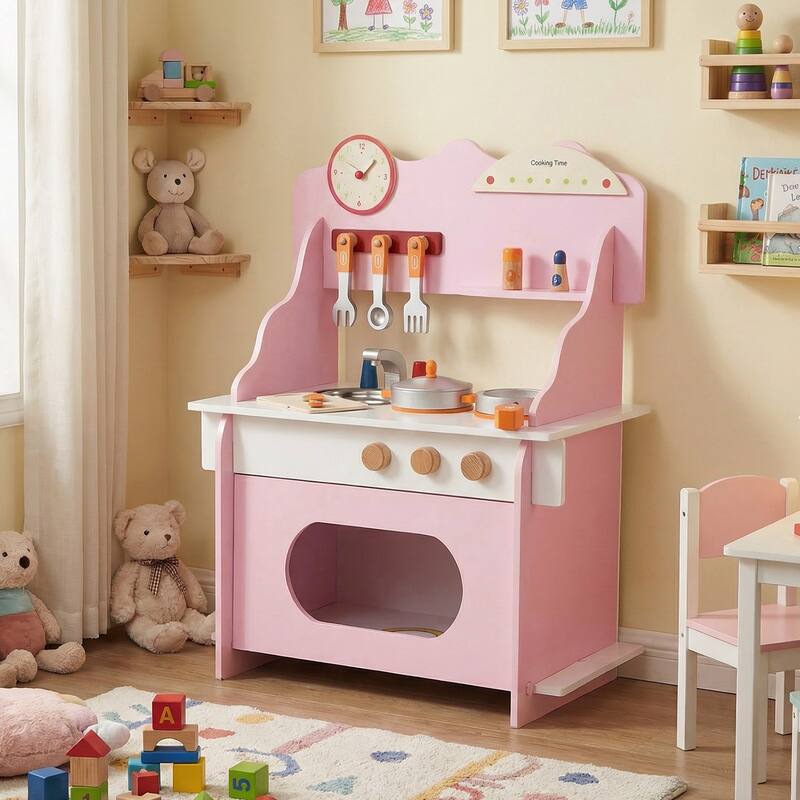 Gymax Pretend Play Toy Kitchen Set w/Clock Stove Spice Rack Faucet &