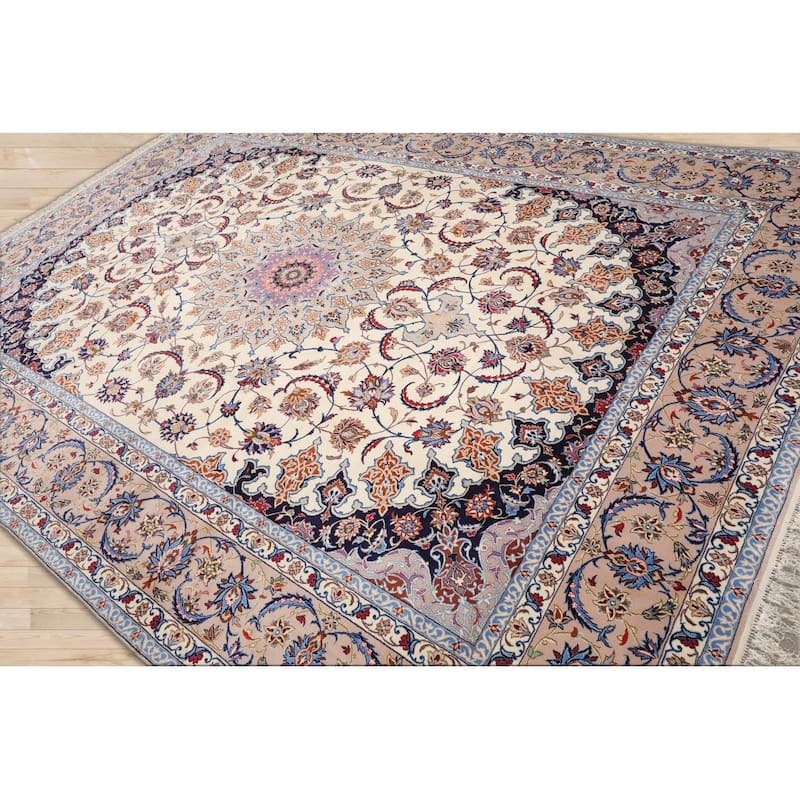 Hand Knotted Isfahan Cream Persian Wool & Silk Traditional Oriental Area Rug - 8' 5'' x 11' 9''
