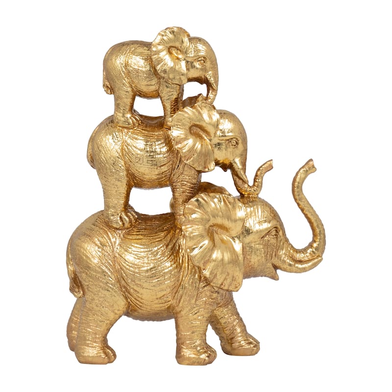 Resin Stacked Raised Trunk Elephants Figurine - Gold, 10"