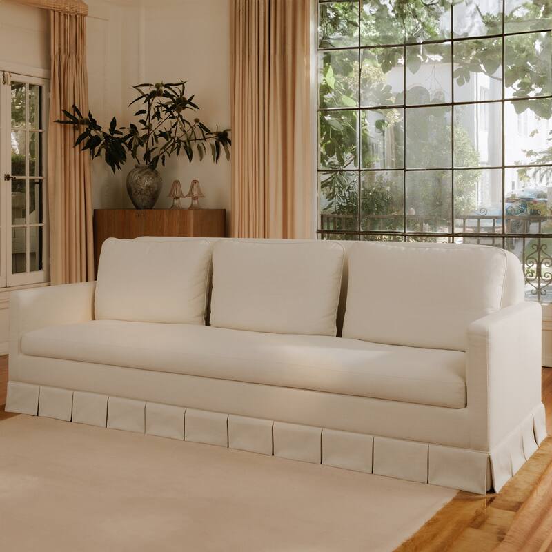 NADAAL STUDIOS Norex Pellicano Sofa, Box Pleat Skirt, Performance Linen Blend, Feather-Filled Cushions, Cream