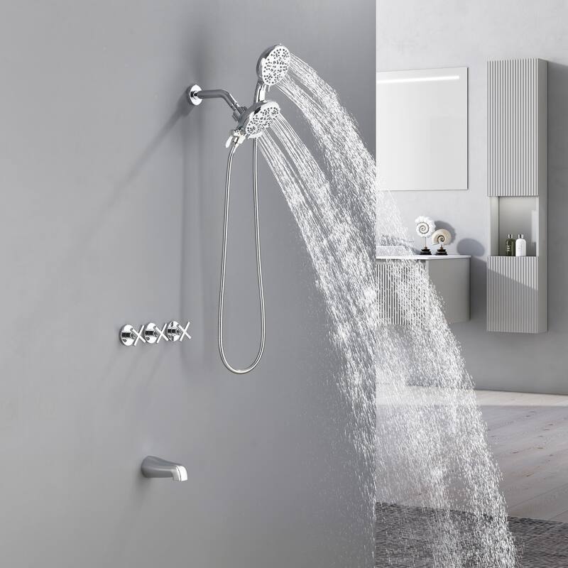 Modland 3-Handle Tub and Shower Faucet Set Dual Head 7-Spray Brass Valve Kit with Alloy Spout
