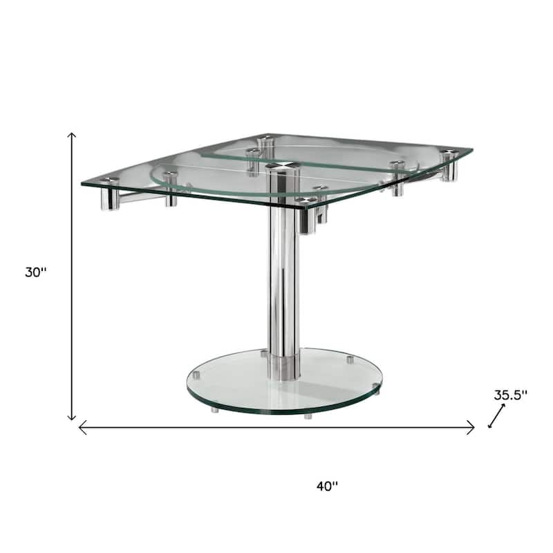 HomeRoots 40" Clear and Silver Glass and Metal Self-Storing Leaf Motion Extendable Dining Table - 40 in. x 30 in. x 35.5 in.