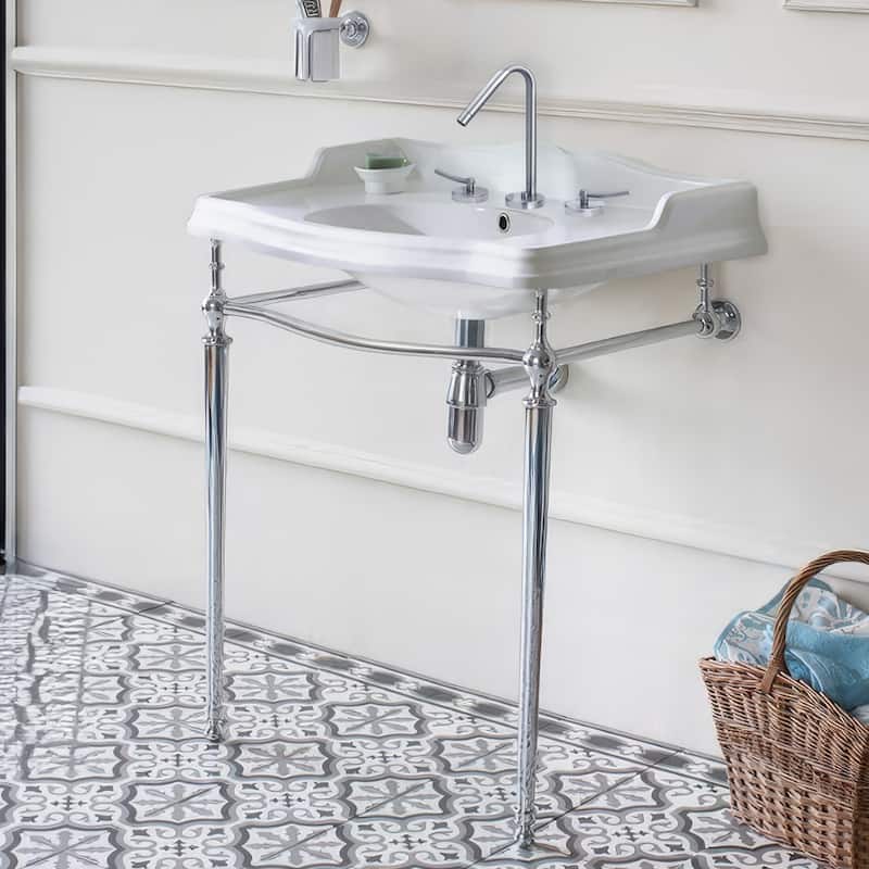 Whitehaus Britannia Large Rectangular Sink Console with Front Towel - White / Chrome