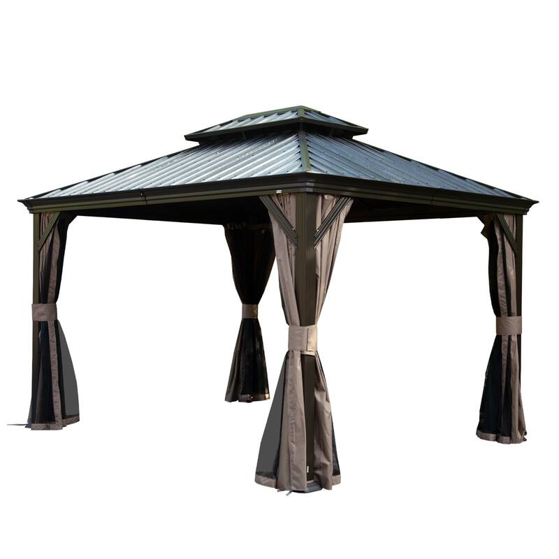 10' x 12' Hardtop Gazebo with Drainage System, Galvanized Steel Roof, Curtains, and Netting for Outdoor Use