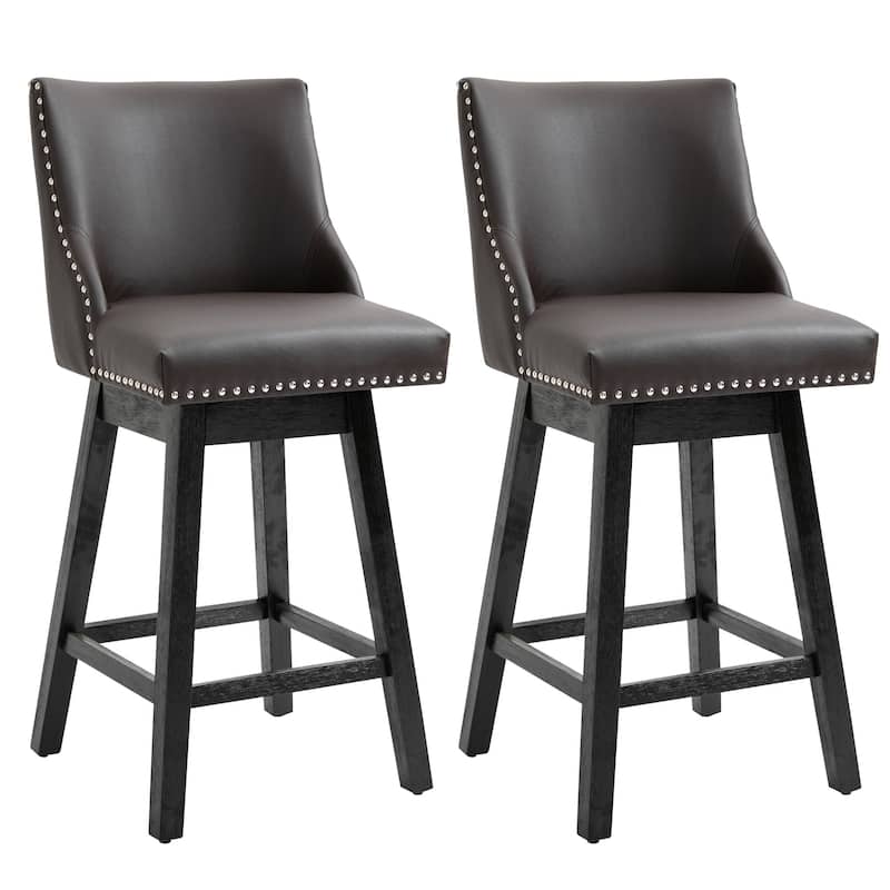 HOMCOM 28" Swivel Counter Height Bar Stools with Backs, Upholstered Dining Room and Kitchen Bar Stools Set of 2 with Wood Legs - Brown - Extra Tall/Bar Height - 29-32 in.
