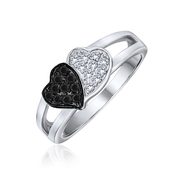 Black And White Two Tone CZ 2 Double Heart Ring 925 Sterling Silver. Opens flyout.