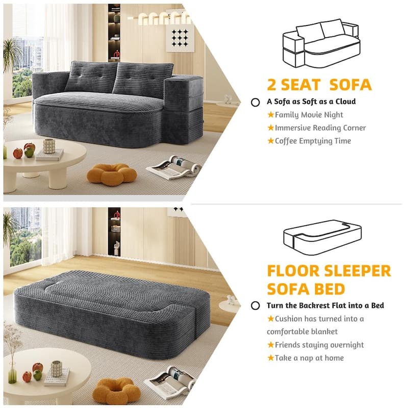 78.7" W 2-in-1 Foldable Corduroy Deep Seating Convertible Sofa Floor Sofa Bed