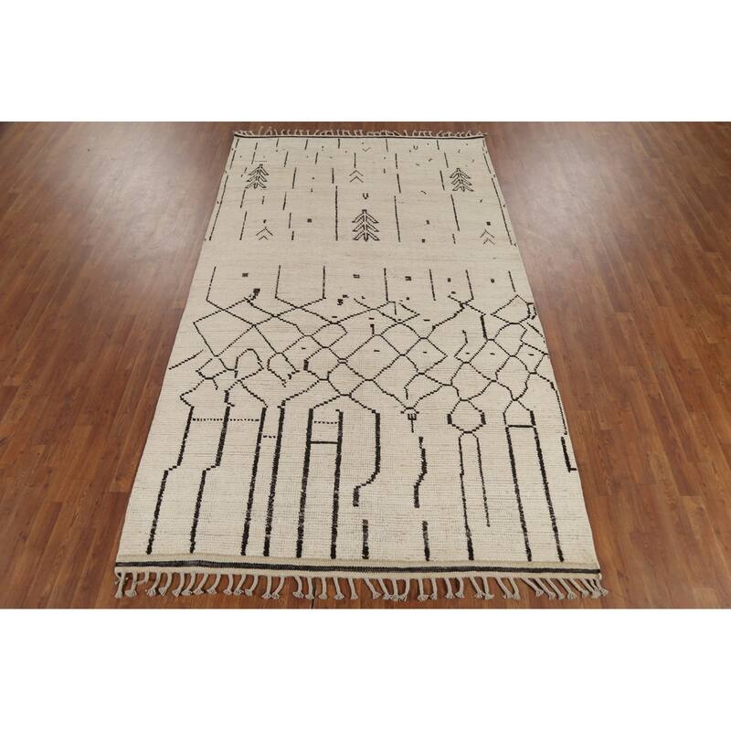 Ivory Moroccan Abstract Area Rug Handmade Wool Carpet - 5'9"x 9'10"