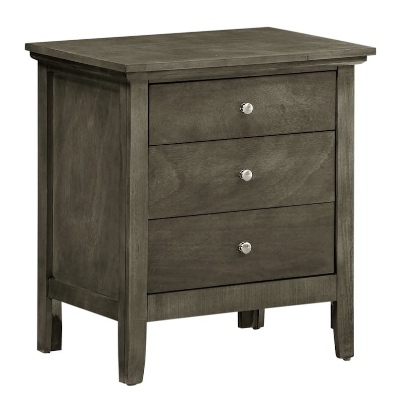 Grey Nightstand 26x24x18 with Three Spacious Drawers, Compact Bedside Table for Bedroom Storage and Neutral Stylish Finish