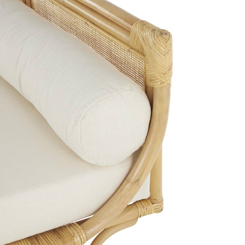 Light Brown Rattan Wrapped Home Bench with White Fabric Seat and Side Cushions