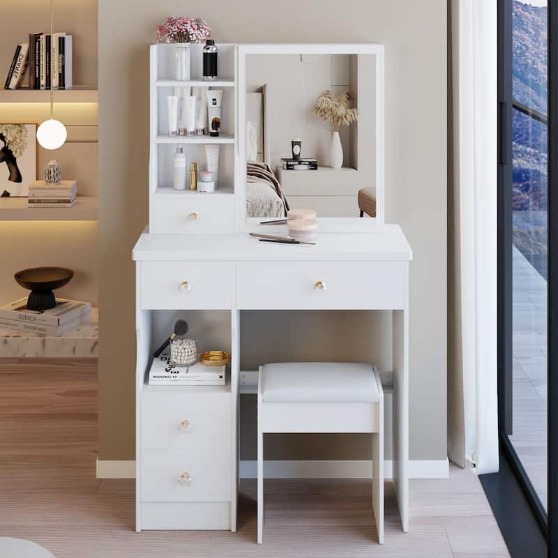 29.2"Small Size Left Drawer Desktop Vanity Table + Cushioned Stool,Extra Large Sliding mirror,Multi Layer High Capacity Storage