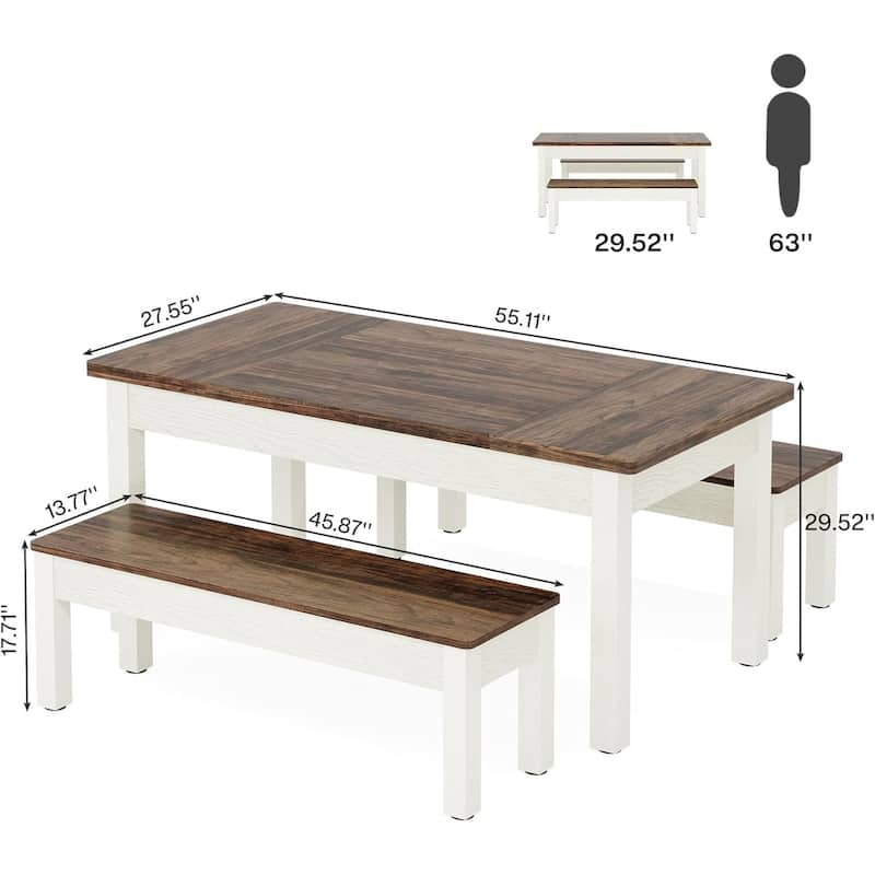 55" 3-Piece Dining Table Set for 4-6-Space-Saving Kitchen Table with 2 Tuck-Under Benches-Rustic Wood & Metal Furniture