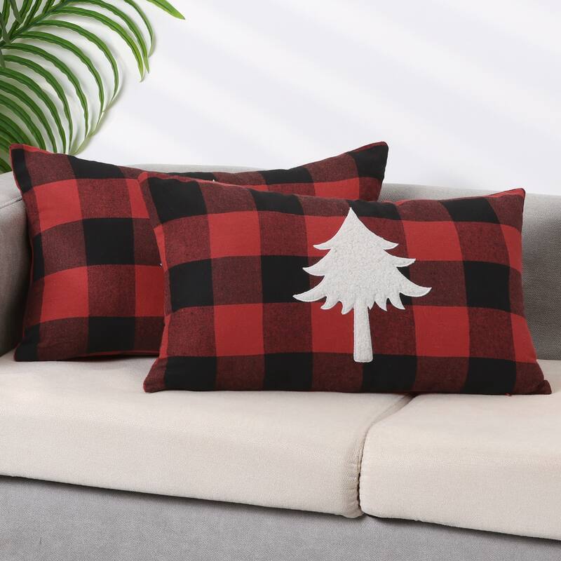 Pack of 2 Plaid Print Throw Pillow Covers, Farmhouse Cushion Covers - Tree - 12 x 20 Inch