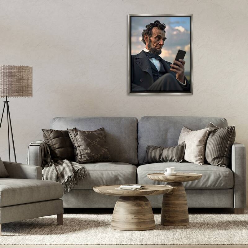 Stupell Abe Lincoln with Cellphone Framed Floater Canvas Wall Art Design By Michael McKinney