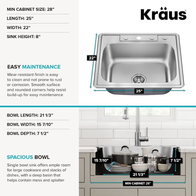 KRAUS Premier Drop In Top Mount 18 gauge Stainless Steel Kitchen Sink