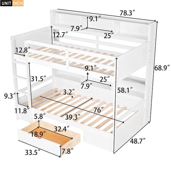 Twin Size Bunk Bed with Built-in Shelves and Storage Drawer, White