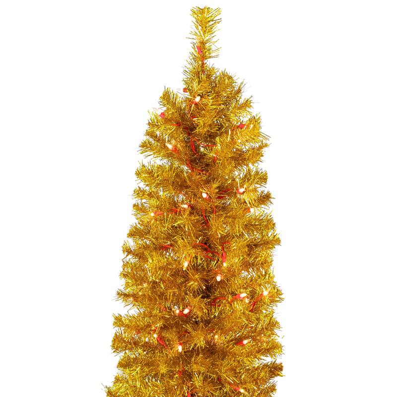 Pre-Lit Pencil Tinsel Artificial Christmas Tree - 6' - Gold - Clear Lights - Red Wire - 6 Foot