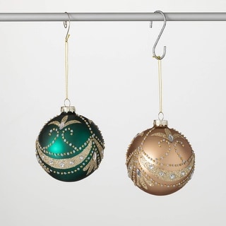 4"H Sullivans Christmas Green Gold Ball Ornament Set of 2, Green-Gold