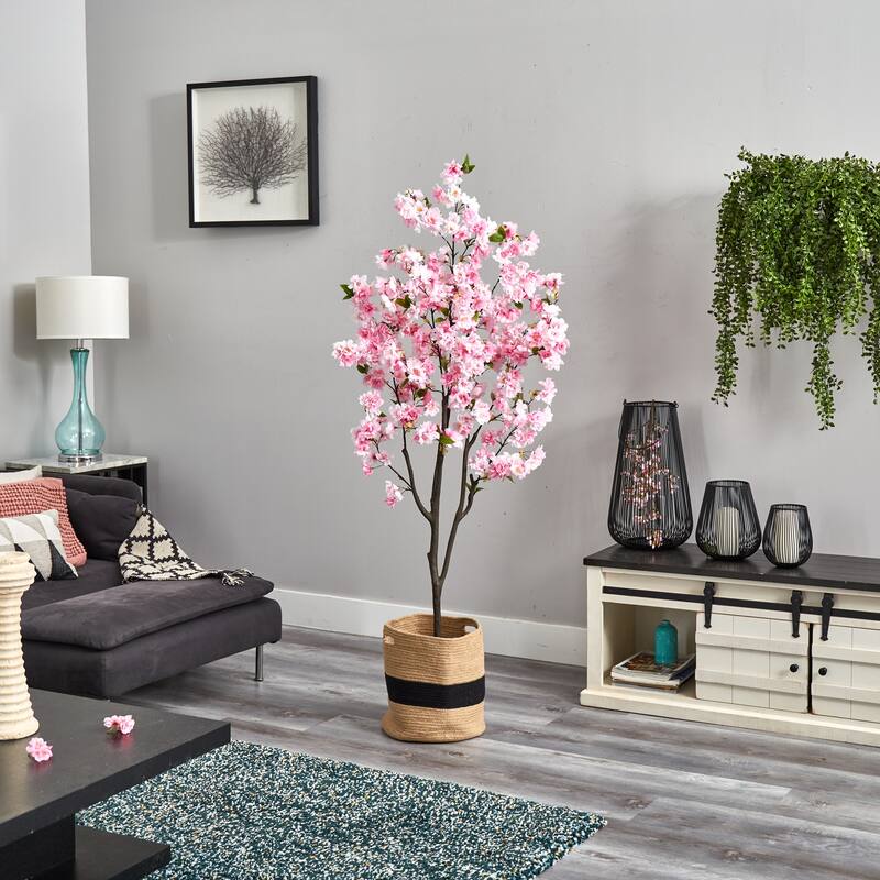 6' Artificial Cherry Blossom Tree with Handmade Jute & Cotton Basket